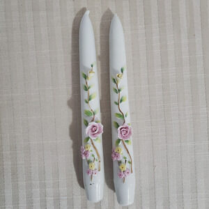 Vintage White Porcelain Candles w 3D Floral Details 8"
